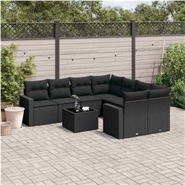 vidaXL 9 pcs conjunto de sofás p/ jardim c/ almofadões vime PE preto
