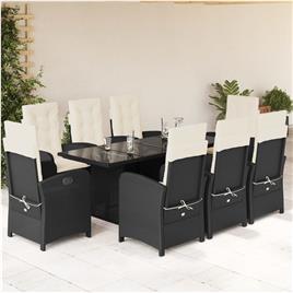 vidaXL 9 pcs conjunto de jantar p/ jardim c/ almofadões vime PE preto
