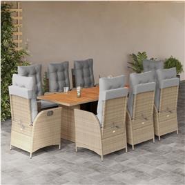 vidaXL 9 pcs conj. jantar jardim c/ almofadões vime PE bege misturado