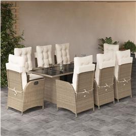 vidaXL 9 pcs conjunto de jantar p/ jardim com almofadões vime PE bege