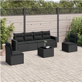 vidaXL 7 pcs conjunto de sofás p/ jardim c/ almofadões vime PE preto