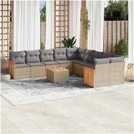 vidaXL 11 pcs conjunto sofás de jardim c/ almofadões vime PE bege