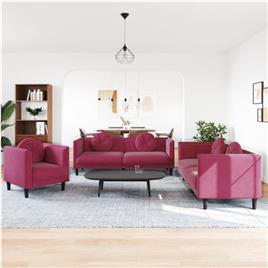 vidaXL 3 pcs conjunto de sofás com almofadas veludo vermelho-tinto