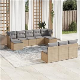 vidaXL 10 pcs conjunto de sofás p/ jardim com almofadões vime PE bege