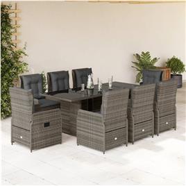 vidaXL 9 pcs conjunto de jantar p/ jardim c/ almofadões vime PE cinza