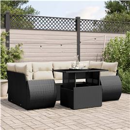 vidaXL 7 pcs conjunto de sofás p/ jardim c/ almofadões vime PE preto