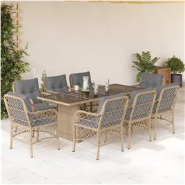 vidaXL 9 pcs conj. jantar jardim c/ almofadões vime PE bege misturado