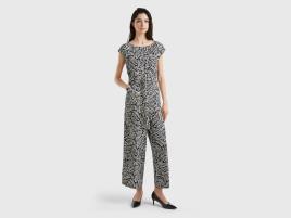 Benetton, Macacão Padrão Em Viscose Sustentável, size , Preto, Mulher