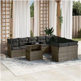 vidaXL 10 pcs conjunto sofás de jardim c/ almofadões vime PE cinzento