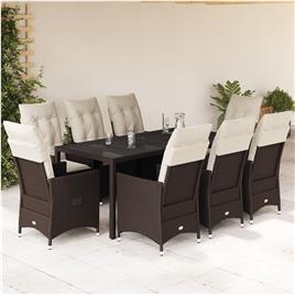 vidaXL 9 pcs conjunto jantar p/ jardim c/ almofadões vime PE castanho