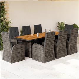 vidaXL 9 pcs conjunto de jantar p/ jardim c/ almofadões vime PE cinza