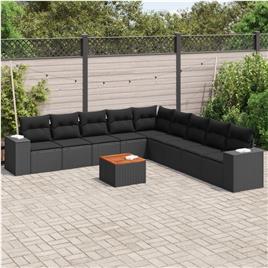 vidaXL 10 pcs conjunto sofás de jardim c/ almofadões vime PE preto