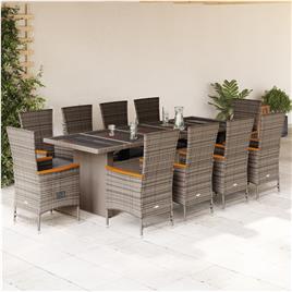 vidaXL 11 pcs conjunto jantar p/ jardim c/ almofadões vime PE cinzento