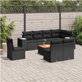 vidaXL 9 pcs conjunto de sofás p/ jardim c/ almofadões vime PE preto