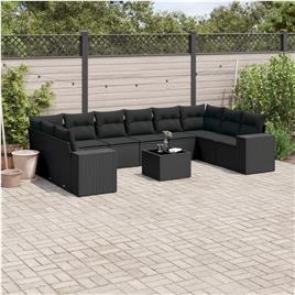 vidaXL 11 pcs conjunto sofás de jardim c/ almofadões vime PE preto