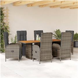 vidaXL 7 pcs conjunto de jantar p/ jardim c/ almofadões vime PE cinza