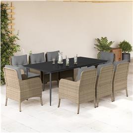 vidaXL 9 pcs conjunto de jantar p/ jardim com almofadões vime PE bege