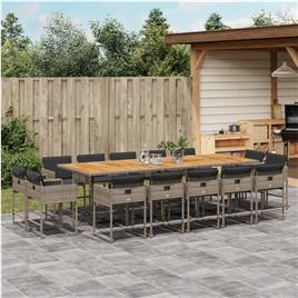 vidaXL 15 pcs conjunto jantar p/ jardim c/ almofadões vime PE cinzento