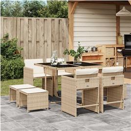 vidaXL 9 pcs conjunto de jantar p/ jardim com almofadões vime PE bege