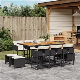 vidaXL 11 pcs conjunto de jantar p/ jardim c/ almofadões vime PE preto