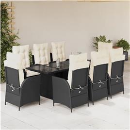 vidaXL 9 pcs conjunto de jantar p/ jardim c/ almofadões vime PE preto
