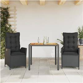 vidaXL 3 pcs conjunto de jantar p/ jardim c/ almofadões vime PE preto