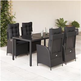 vidaXL 5 pcs conjunto de jantar p/ jardim c/ almofadões vime PE preto