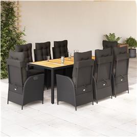 vidaXL 9 pcs conjunto de jantar p/ jardim c/ almofadões vime PE preto