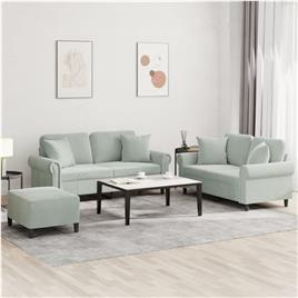 vidaXL 3 pcs conjunto de sofás com almofadas veludo cinzento-claro