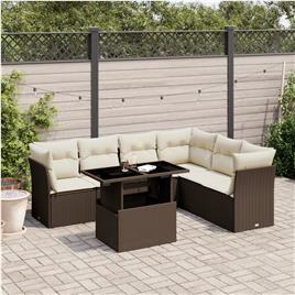 vidaXL 7 pcs conjunto de sofás jardim c/ almofadões vime PE castanho