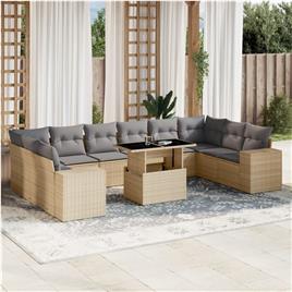 vidaXL 11 pcs conjunto sofás de jardim c/ almofadões vime PE bege