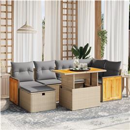vidaXL 7 pcs conjunto de sofás p/ jardim com almofadões vime PE bege