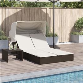 vidaXL Espreguiçadeira dupla com toldo e almofadões vime PE castanho