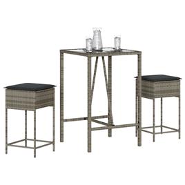 vidaXL 3 pcs conjunto de bar p/ jardim c/ almofadões vime PE cinzento