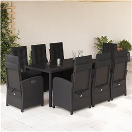 vidaXL 9 pcs conjunto de jantar p/ jardim c/ almofadões vime PE preto