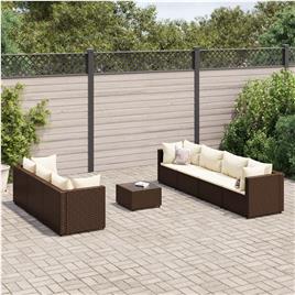 vidaXL 8 pcs conjunto lounge jardim c/ almofadões vime PE castanho