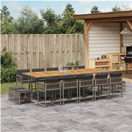 vidaXL 15 pcs conjunto jantar p/ jardim c/ almofadões vime PE cinzento