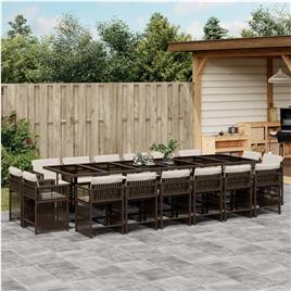 vidaXL 17 pcs conjunto jantar p/ jardim c/ almofadões vime PE castanho