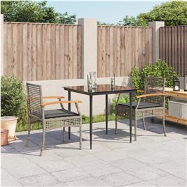 vidaXL 3 pcs conjunto de jantar p/ jardim c/ almofadões vime PE cinza