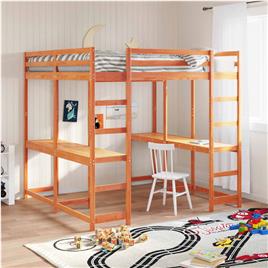 vidaXL Cama alta com secretária e escada pinho maciço castanho-mel
