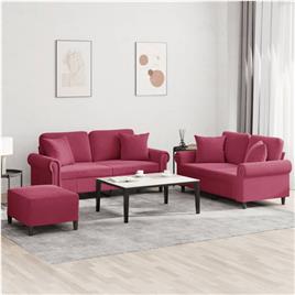 vidaXL 3 pcs conjunto de sofás com almofadas veludo vermelho-tinto
