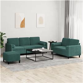vidaXL 3 pcs conjunto de sofás com almofadas veludo verde-escuro