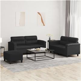 vidaXL 3 pcs conjunto de sofás com almofadões couro artificial preto