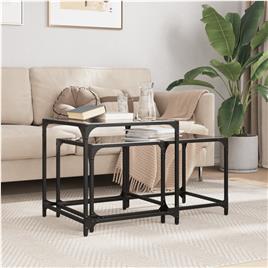 vidaXL Mesas de Café Nesting 2 peças com tampo de vidro preto em aço