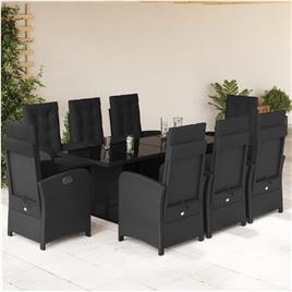 vidaXL 9 pcs conjunto de jantar p/ jardim c/ almofadões vime PE preto