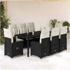 vidaXL 9 pcs conjunto de bistrô p/ jardim c/ almofadões vime PE preto