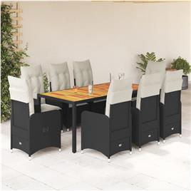 vidaXL 9 pcs conjunto de bistrô p/ jardim c/ almofadões vime PE preto