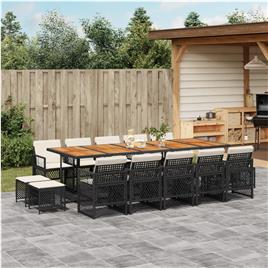 vidaXL 15 pcs conjunto de jantar p/jardim com almofadões vime PE preto