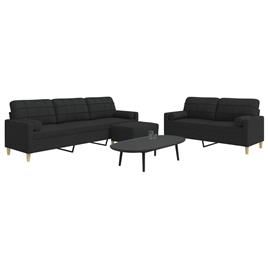 vidaXL 3 pcs conjunto de sofás c/ almofadas/apoio pés tecido preto