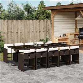 vidaXL 11 pcs conjunto jantar p/ jardim c/ almofadões vime PE castanho